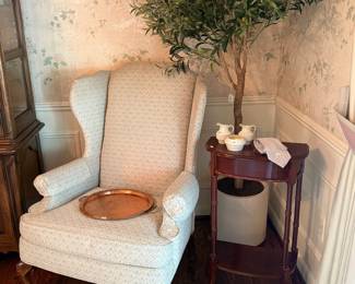 Armchair, Wooden Side Table, Faux Tree