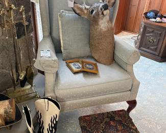 Taxidermy Deer Wall Mount, Vtg Blue Armchair, Footstool