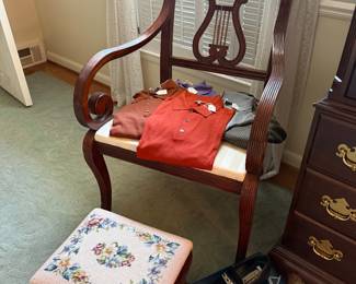 Vtg Wooden Chair, Needlepoint Footrest 