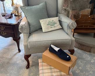 Vtg Blue Armchair, Plaid Footstool, Shoes, Decorative Pillows 