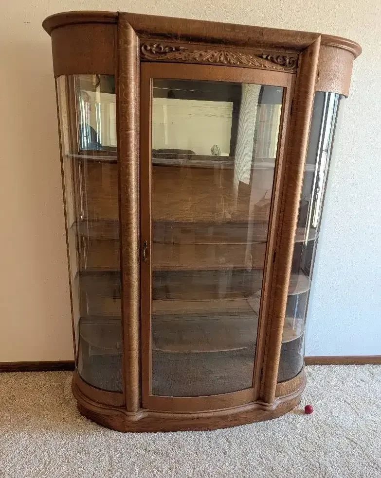 Antique Tiger Oak Curved Glass China Cabinet
