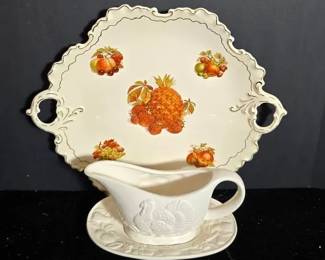Thanksgiving Serving Platter Turkey Gravy Bowl with Plate