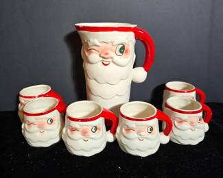 Vintage Santa Claus Pitcher and 6 Mugs