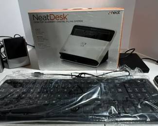 NeatDesk Scanner, Teac External Floppy Disk Drive Unit, Speakers, Keyboard Mice.