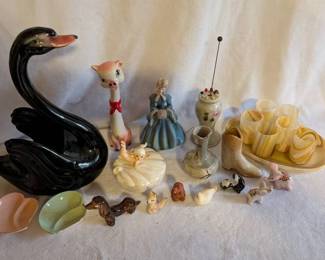 Vintage Black Swan, Long Neck Pig, Antique Victorian Lady, Variety Of Porcelain Ceramic Animals