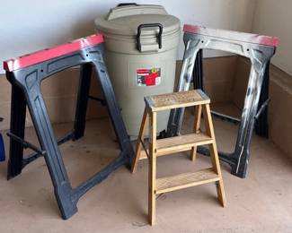 Rubbermaid Container, Saw Horses Step Ladder.