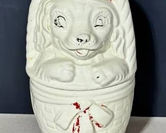 Vintage American Bisque Puppy Dog in a Basket Cookie Jar