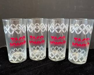 Vintage Set of Four Taco Johns Etched Glasses