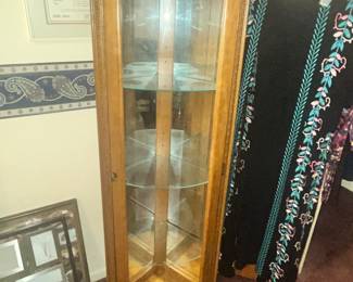 OAK CORNER CURIO CABINET w/ CURVED GLASS
