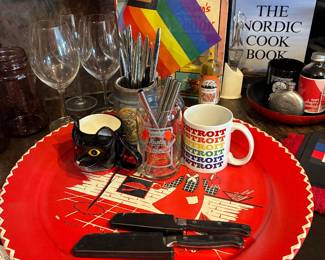 Serving Plate, Wine Glasses, Detroit Mugs, Cook Books 
