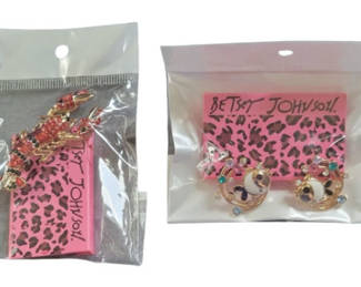 Lot 39: Betsy Johnson jewelry set: red rhinestone scorpion pin and multicolor hoop earrings