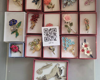 Lot 15: Assorted decorative brooch pins in display boxes