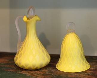 Vtg Hand Blown Yellow Art Glass Cruet & Matching Bell