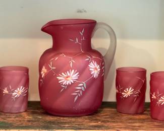 Antique Satin Cranberry Glass Water Pitcher Set