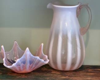 Hand Blown Art Pink Glass Pitcher & Ruffled Bowl