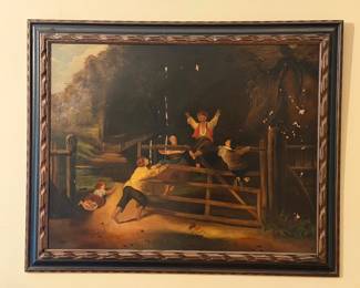 Antique Oil Painting Children at Play