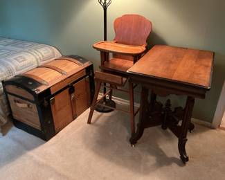 Vintage trunk, wooden high chair…..cannot be used for children…decorative only, and antique table
