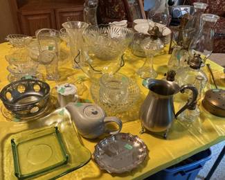 Cut glass platters, bowls, vases, Andy dishes
