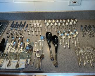 Large set of Towle Sterling….pattern is Old Master. 74 pieces. 8 place settings. Missing one soup spoon.