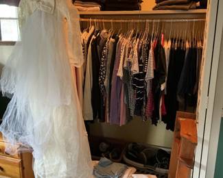 Lots of women’s clothes, vintage wedding dress, shoes, purses