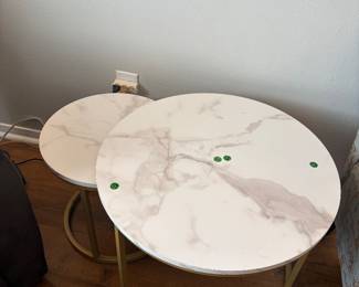 2 round side tables faux marble and gold just beautiful