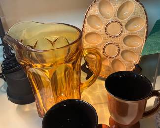 Vintage Deviled Egg Plater & Anchor Hocking Fairfield Amber Gold Pitcher