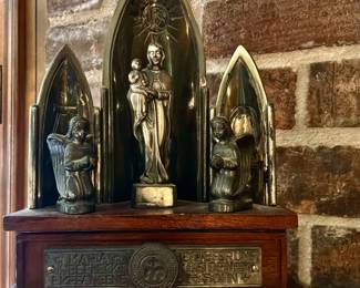 Vintage 1950s German home altar or shrine featuring Madonna and Child figure with angels