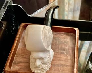 Vintage Turkish hand carved meerschaum tobacco pipe featuring bearded man with a turban