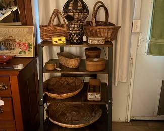 Wood and metal tiered Shelf with electrical plug/usb and baskets