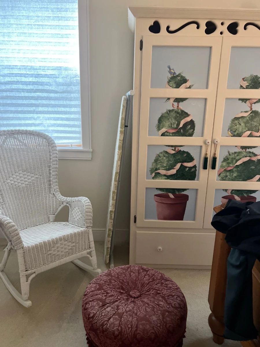 White wicker chair; paint armoire