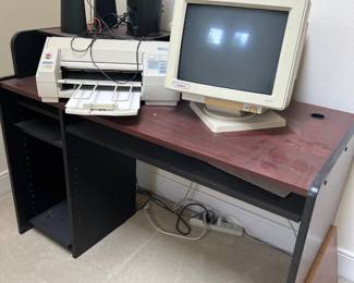 Vintage computer; printer; speakers; desk