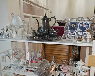 Silver tea set and various glass ware
