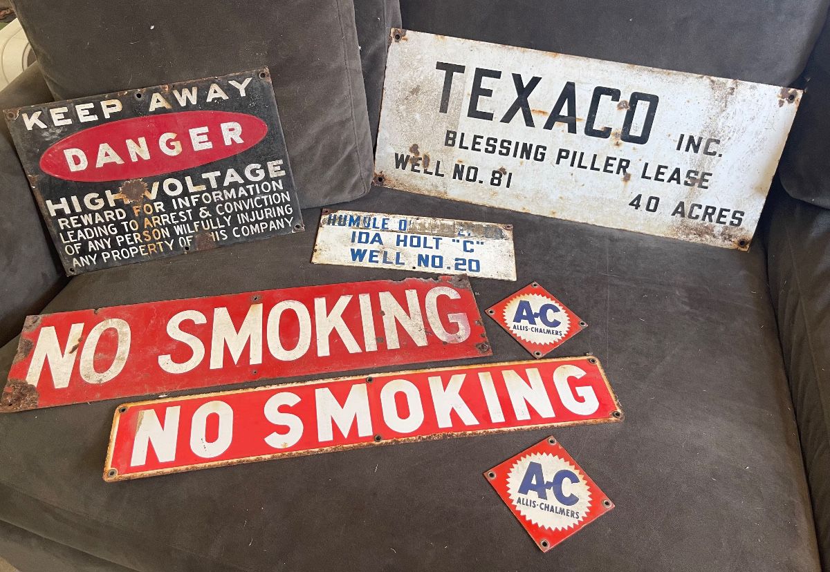 VINTAGE PORCELAIN NO SMOKING, TEXACO OILFIELD LEASE SIGNS, DANGER SIGNS