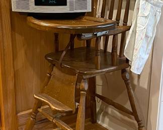 VINTAGE WOOD HIGH CHAIR, BOSE RADIO