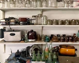 VINTAGE BOTTLES, ALUMINUM COCA COLA TRAY WITH GLASS BOTTLES FROM EL CAMPO, INSULATORS