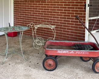 VINTAGE RADIO FLYER, WROUGHT IRON TABLE, WROUGHT IRON CART