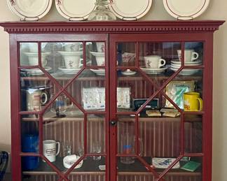 CURIO CABINET, VINTAGE REDDY KILOWATT STONEWARE PLATES, ADVERTISING ITEMS-CPL, HALLIBURTON AND MORE