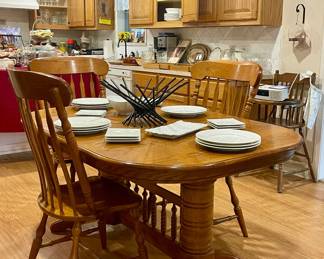 SOLID WOOD DINING TABLE WITH LEAVES AND 8 CHAIRS, CRATE & BARREL DISHES