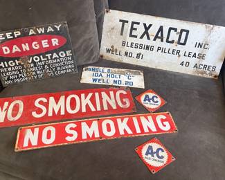 VINTAGE PORCELAIN NO SMOKING, TEXACO OILFIELD LEASE SIGNS, DANGER SIGNS