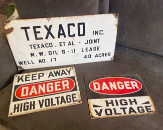 VINTAGE PORCELAIN TEXACO OILFIELD LEASE SIGNS, DANGER HIGH VOLTAGE SIGNS