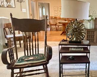 ANTIQUE ROCKING CHAIR, NESTING TABLES, LAMPS