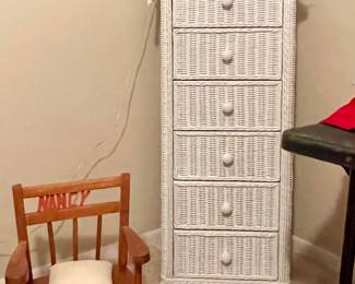 VINTAGE WICKER DRESSER, CHILDS CHAIR