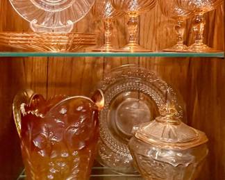 PINK DEPRESSION GLASS, VINTAGE MARIGOLD TIGER LILY PITCHER