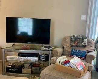 UPHOLSTERED CHAIR WITH OTTOMAN, TELEVISION