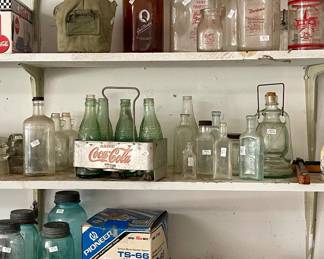 VINTAGE MILK JUGS, COCA COLA TRAY, VINTAGE BOTTLES
