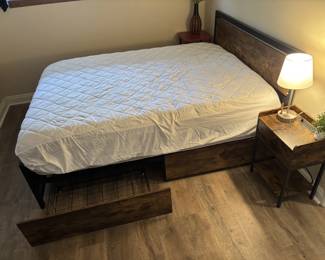 Wood bed frame with underbed drawers and 2 night stands 