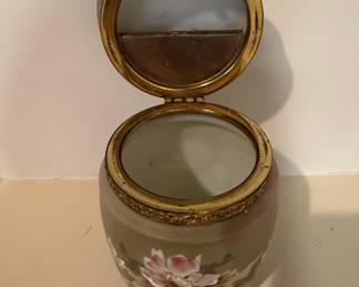 Victorian Satin Glass Tobacco Jar with Floral Decor and Brass Lid