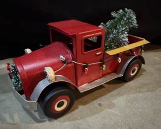 Red Metal Christmas Pickup Truck with Tree
