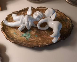 Vintage Arnart Porcelain Cherub Figurines on Ornate Tray