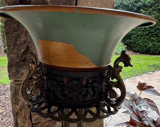 Pair of Vintage Figural Cast Metal Plant Stands with Jardinières in the style of Oscar Bach